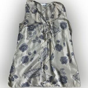 CAbi Gray and Cream Floral Ruffle Silk Blouse Size XS